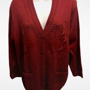 New & Vintage TC Fashion Burgundy Red Embellished Cardigan Sweater Sz L